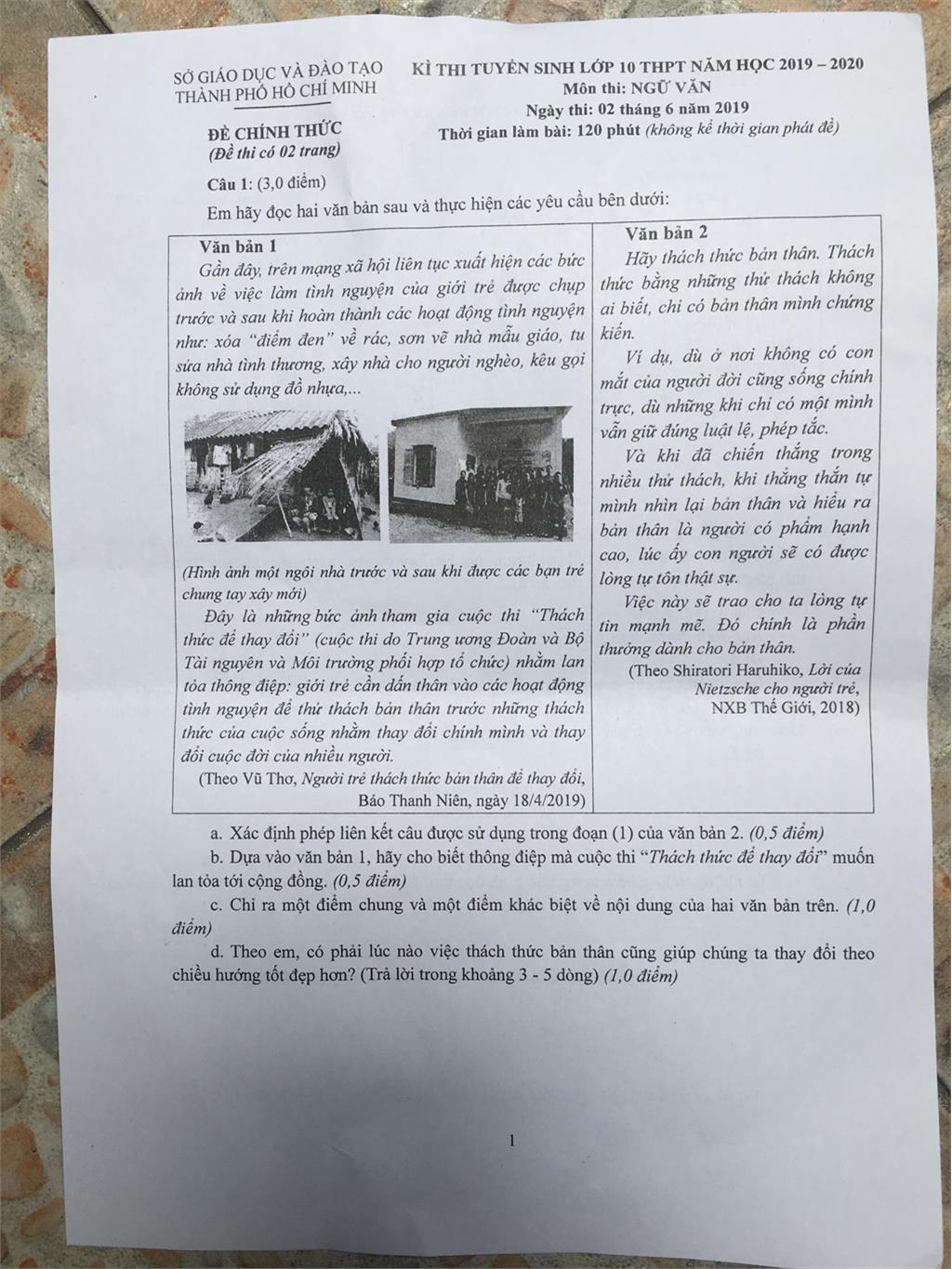 Đề thi tuyển sinh lớp 10 môn Ngữ Văn TPHCM