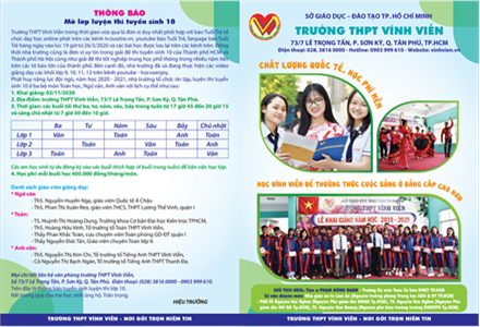 Thông báo mở lớp luyện thi tuyển sinh 10