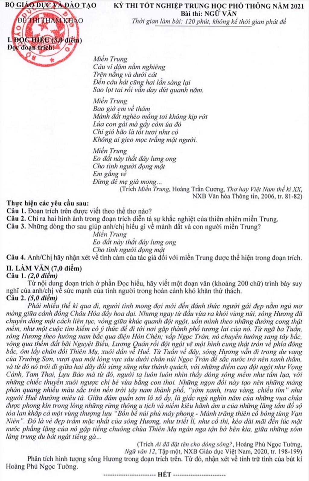 GỢI Ý GIẢI ĐỀ THI MINH HOẠ KỲ THI THPT NĂM 2021 Môn thi: NGỮ VĂN