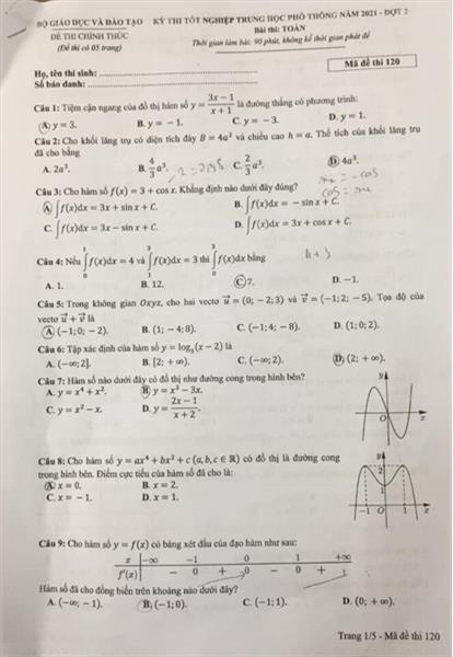 Hướng dẫn giải đề thi tốt nghiệp THPT năm 2021 - đợt 2 - môn Toán - Mã đề 120