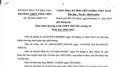 Thực hiện chương trình GDPT 2018 đối với lớp 10 Năm học 2022-2023