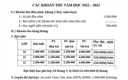 CÁC KHOẢN THU NĂM HỌC 2022 – 2023