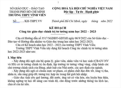 Kế hoạch công tác giáo dục chính trị tư tưởng năm học 2022 – 2023