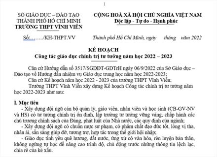 Kế hoạch công tác giáo dục chính trị tư tưởng năm học 2022 – 2023