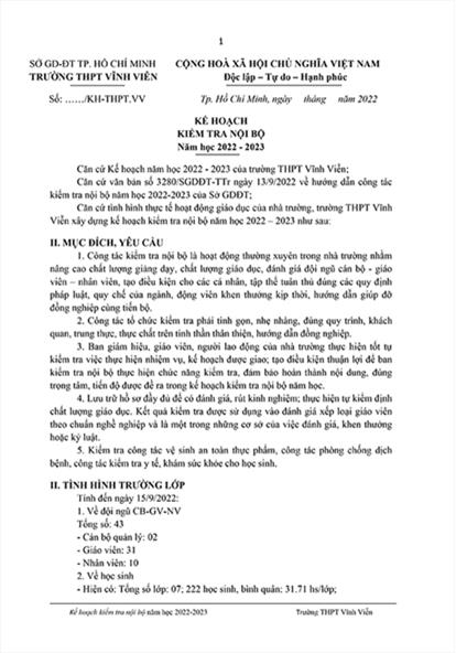 Kế hoạch kiểm tra nội bộ năm học 2022 - 2023