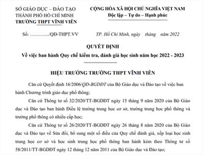 Quyết định về việc ban hành Quy chế kiểm tra, đánh giá học sinh năm học 2022 - 2023