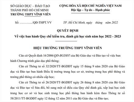 Quyết định về việc ban hành Quy chế kiểm tra, đánh giá học sinh năm học 2022 - 2023