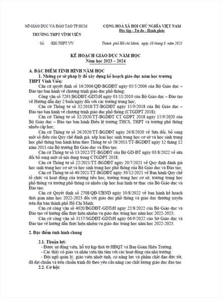 Kế hoạch giáo dục năm học 2023 - 2024