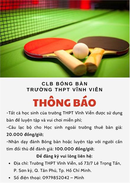 CLB Bóng bàn Trường THPT Vĩnh Viễn thông báo